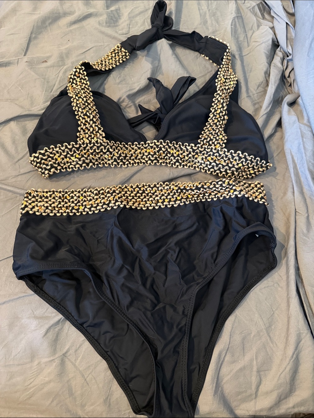 Black High-Waist Bikini Set with Gold Trim